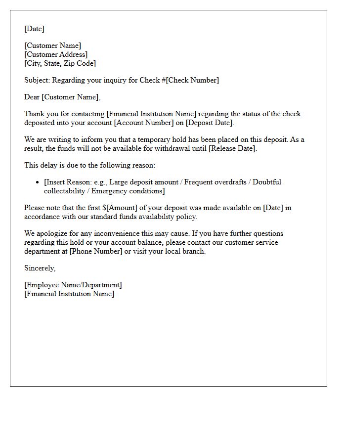 Standard Check Clearing Delay Inquiry Response Letter