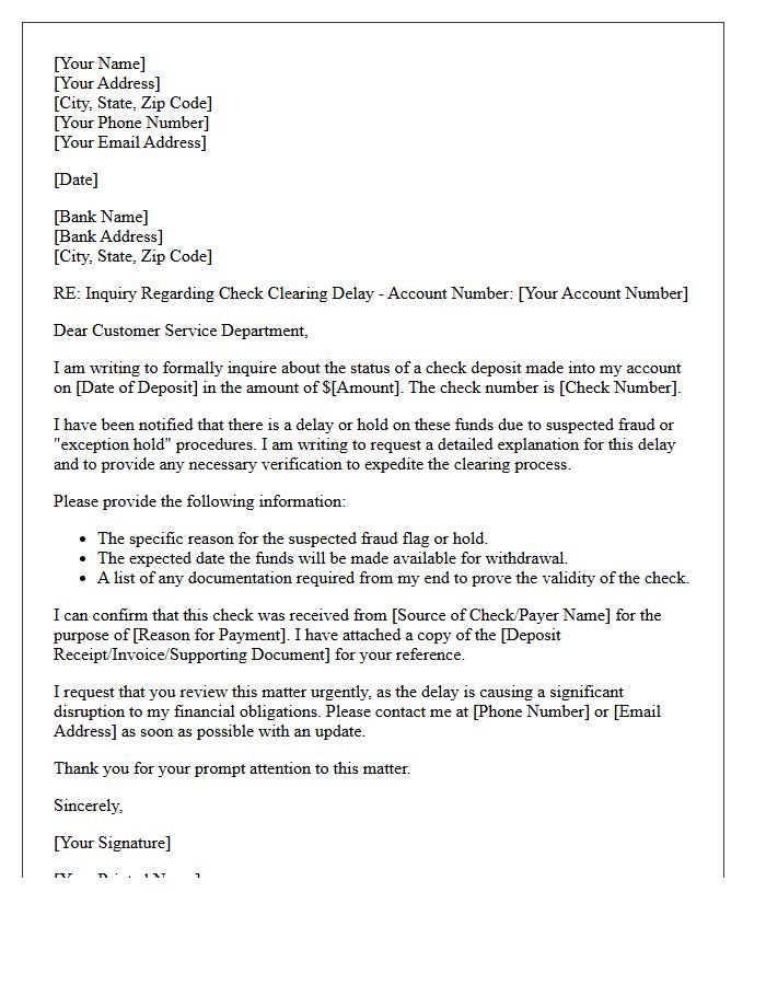 Suspected Fraud Check Clearing Delay Inquiry Letter