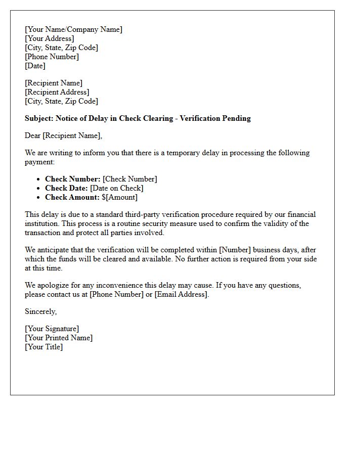 Third-Party Verification Check Clearing Delay Letter
