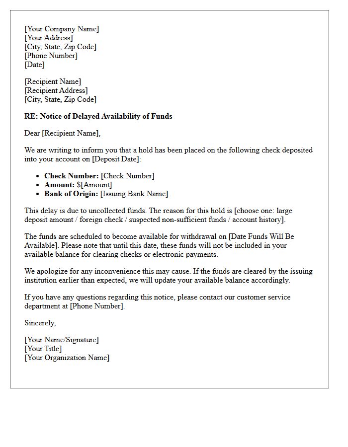 Uncollected Funds Check Clearing Delay Explanation Letter