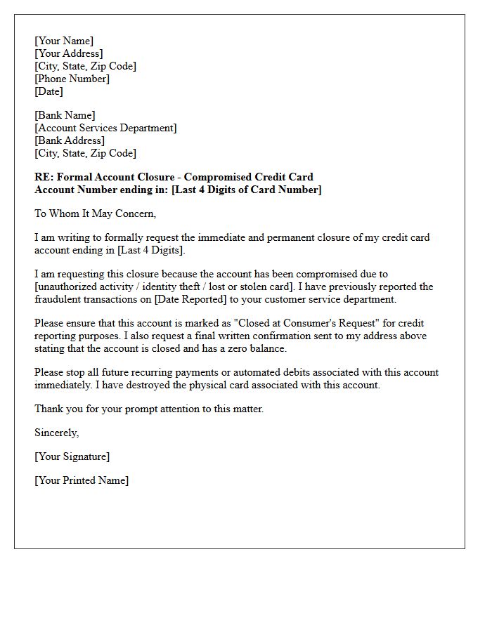 Compromised Credit Card Account Closure Letter