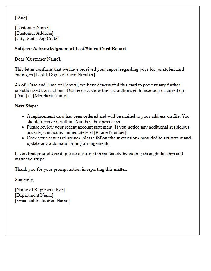 Initial Acknowledgment of Lost Card Report Letter