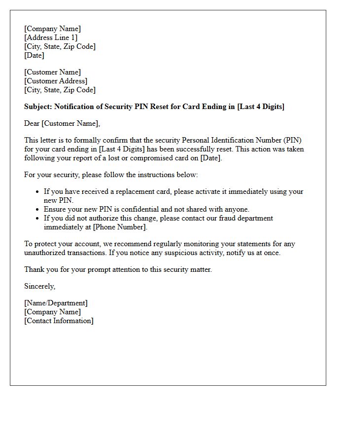 Lost Card Security PIN Reset Notification Letter