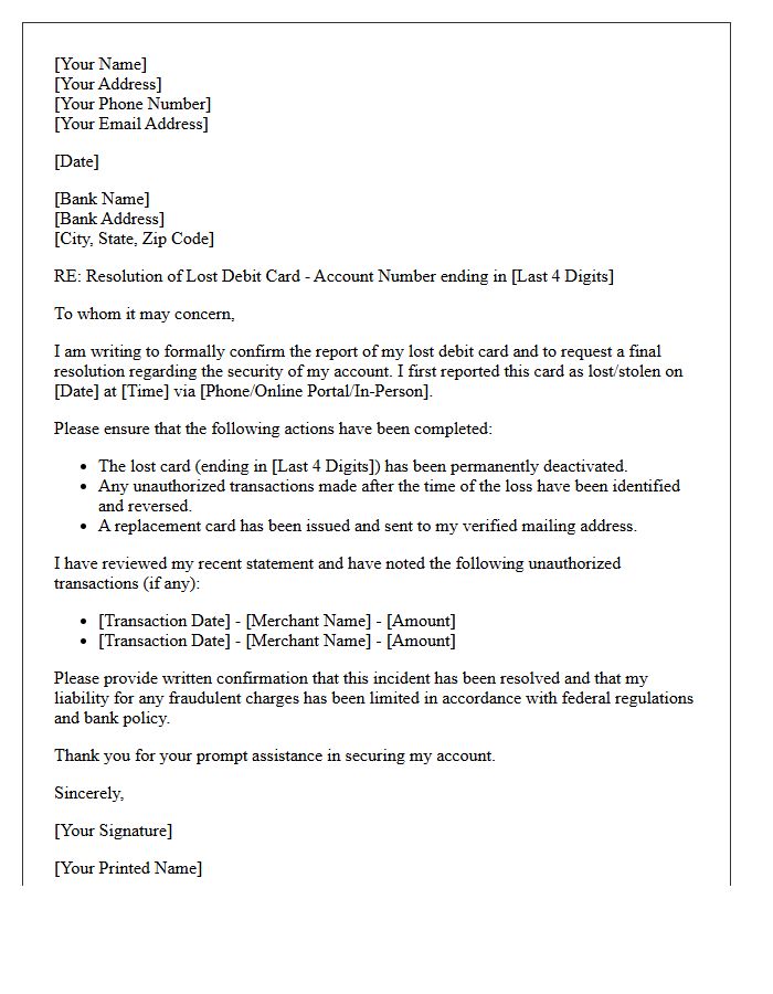 Lost Debit Card Incident Resolution Letter