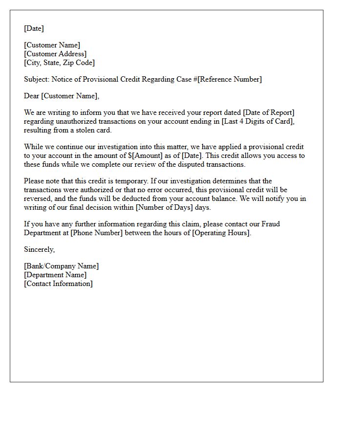 Provisional Credit Issuance for Stolen Card Letter