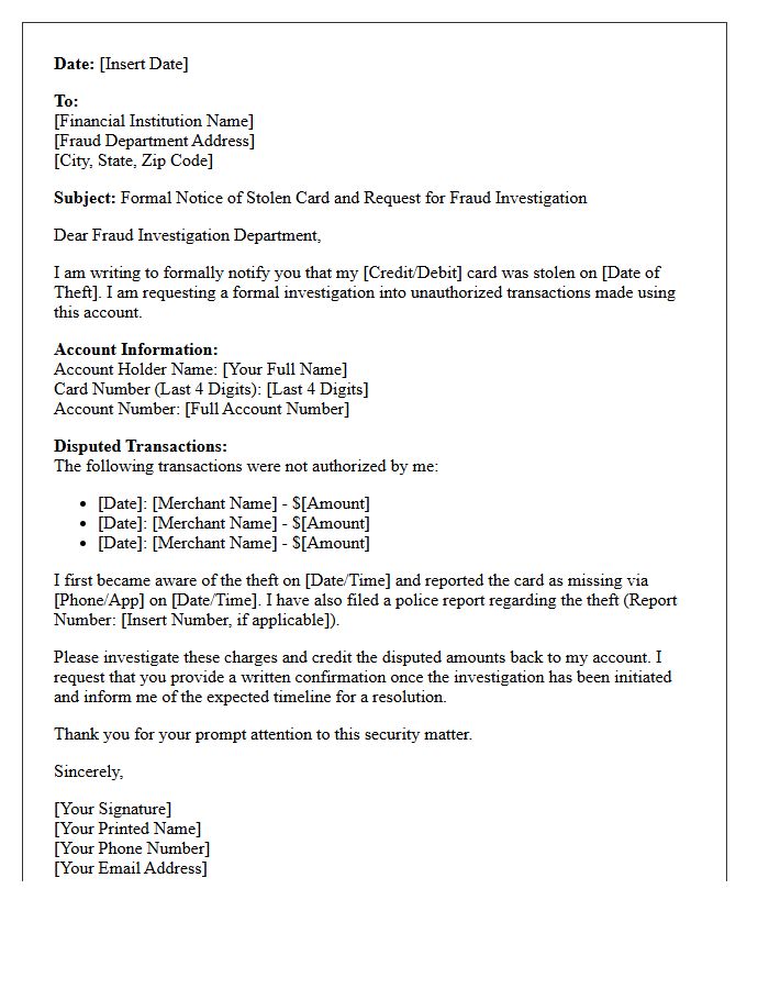 Stolen Card Fraud Investigation Initiation Letter