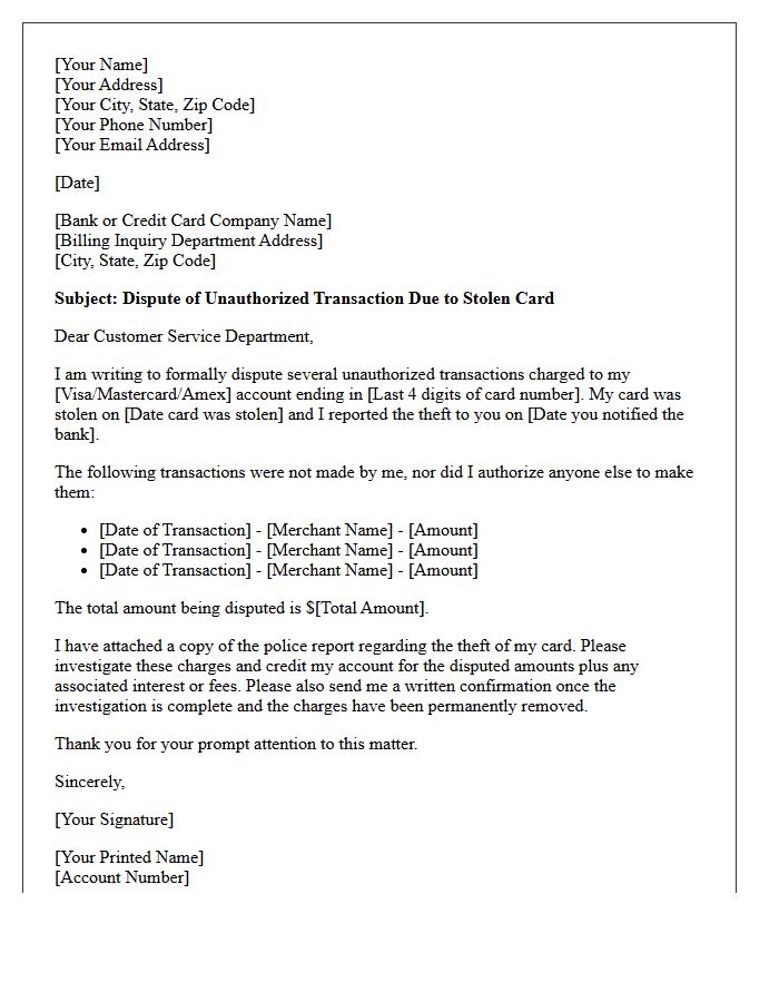 Stolen Card Unauthorized Transaction Dispute Letter