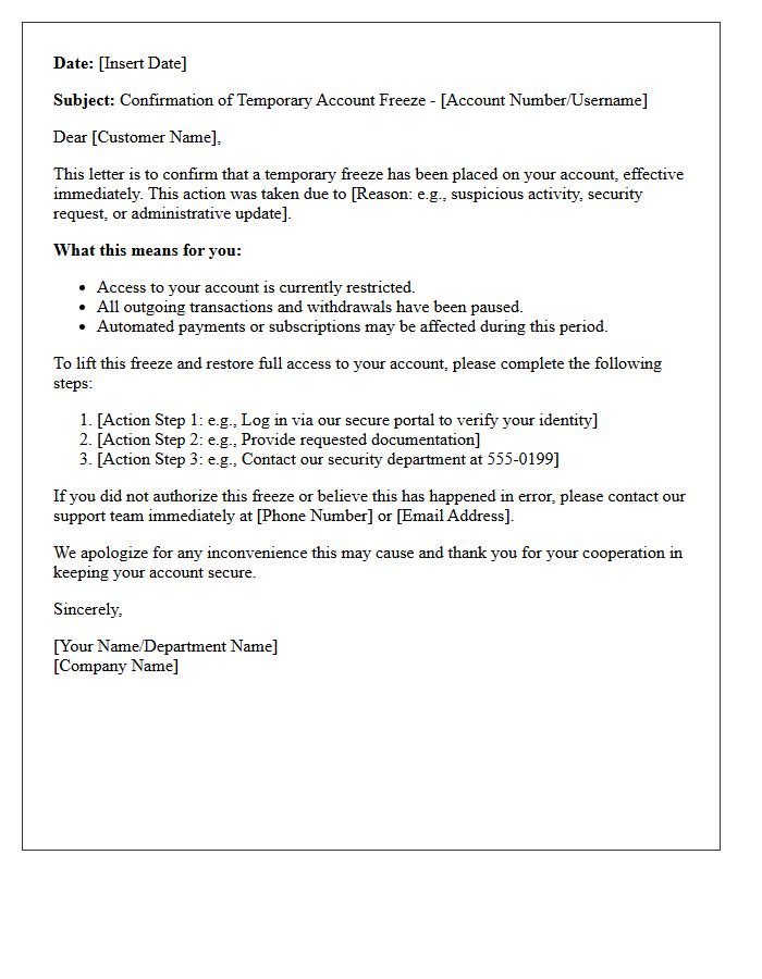 Temporary Account Freeze Confirmation Letter