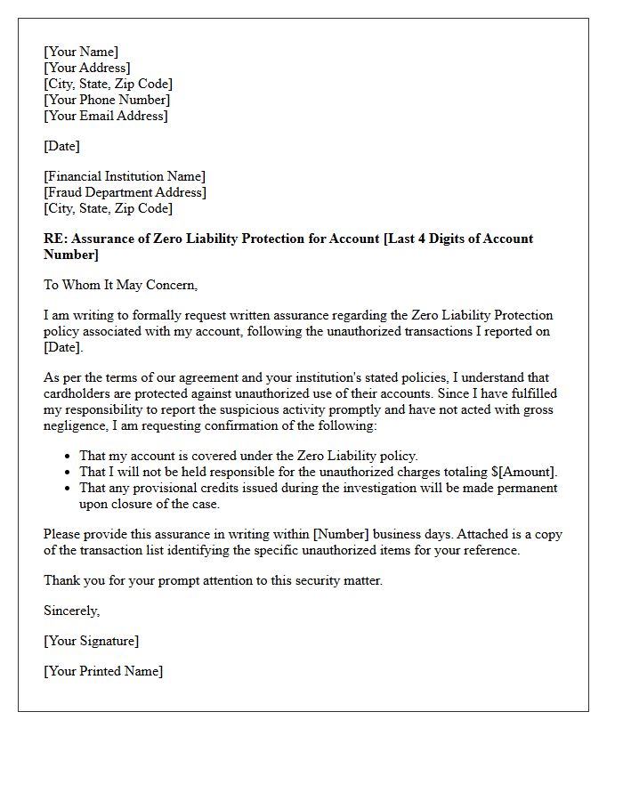 Zero Liability Protection Assurance Letter