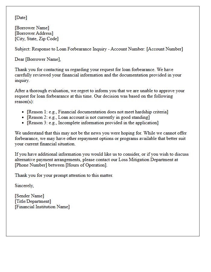 Declined Loan Forbearance Qualification Inquiry Response Letter