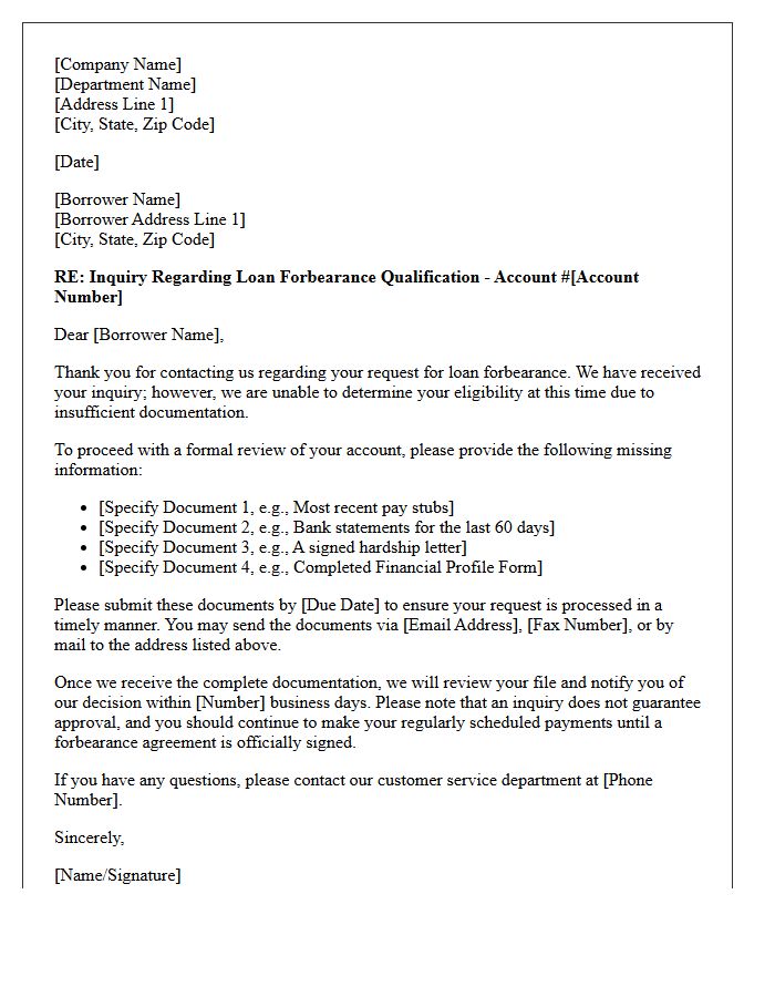 Insufficient Documentation Loan Forbearance Qualification Inquiry Response Letter