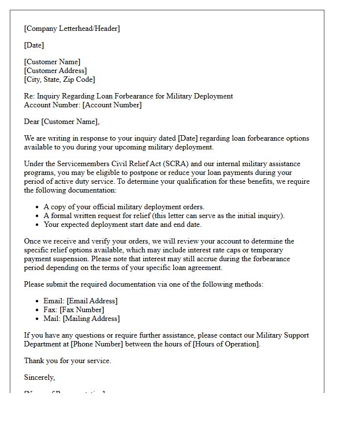 Military Deployment Loan Forbearance Qualification Inquiry Response Letter