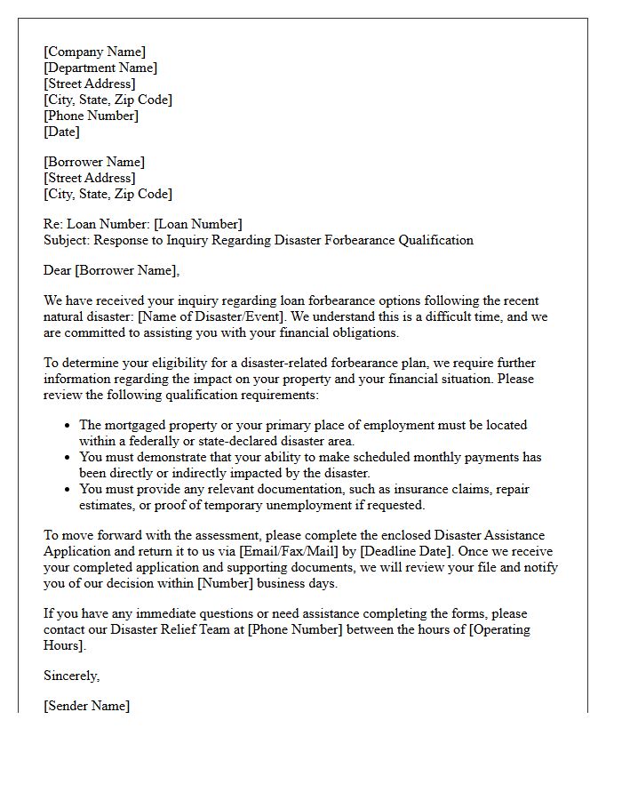 Natural Disaster Loan Forbearance Qualification Inquiry Response Letter