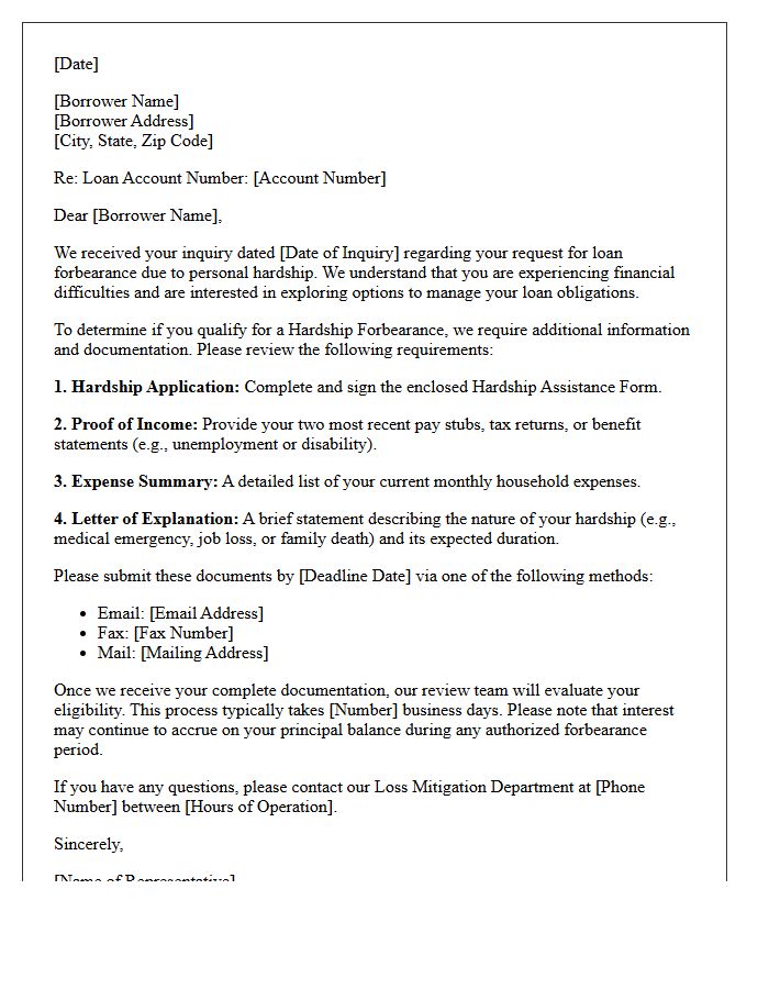 Personal Hardship Loan Forbearance Qualification Inquiry Response Letter