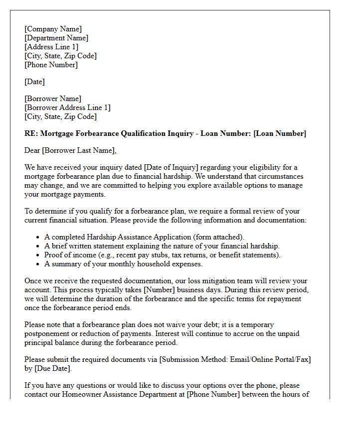 Residential Mortgage Loan Forbearance Qualification Inquiry Response Letter