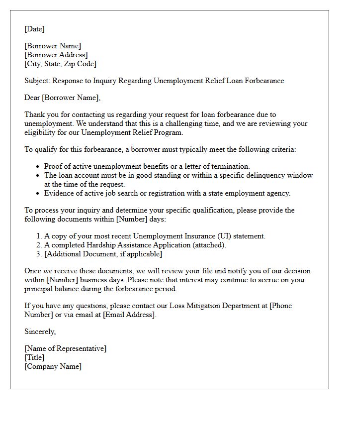 Unemployment Relief Loan Forbearance Qualification Inquiry Response Letter