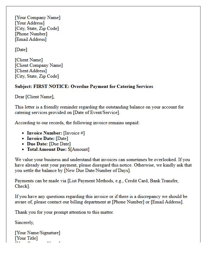 Catering Services Account Delinquency First Notice Letter