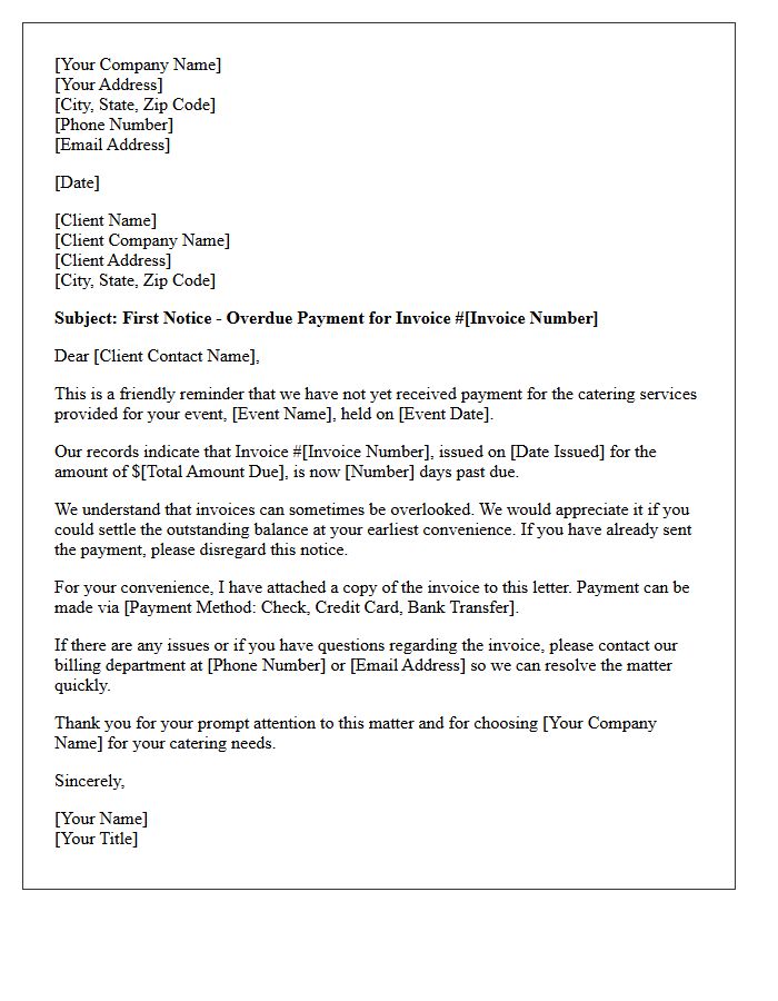 First Notice Of Overdue Catering Event Invoice Letter