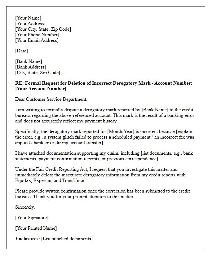 Bank Error Derogatory Mark Deletion Letter