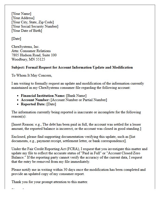 ChexSystems Account Update and Modification Letter