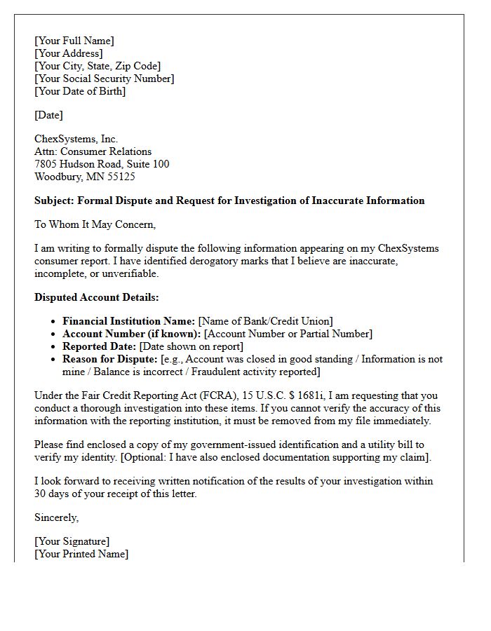 ChexSystems Derogatory Mark Investigation Initiation Letter