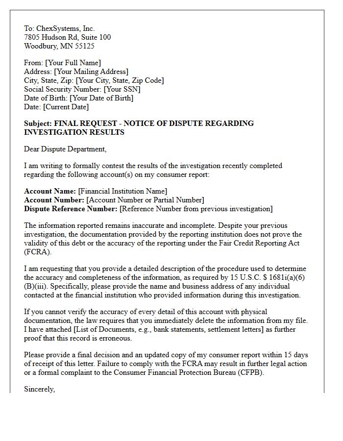 ChexSystems Dispute Final Decision Letter