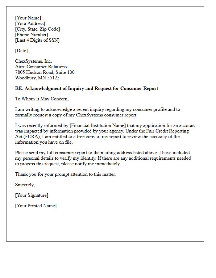ChexSystems Inquiry Acknowledgment Letter