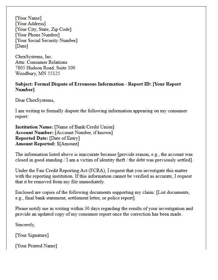 Erroneous ChexSystems Mark Removal Letter