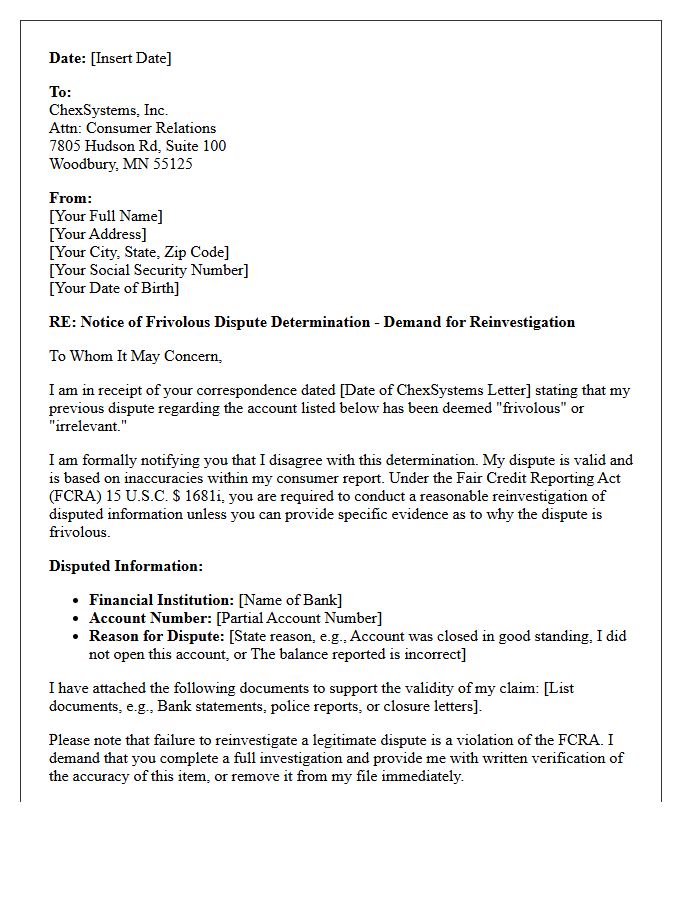 Frivolous ChexSystems Dispute Notification Letter