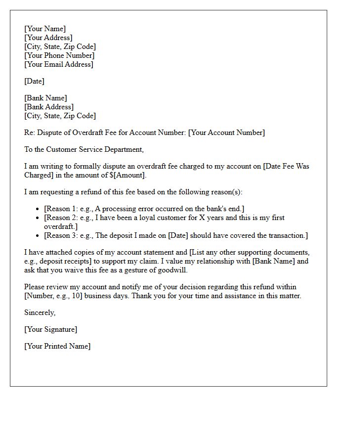 Overdraft Fee Dispute Resolution Letter