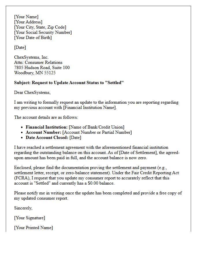 Settled Account Balance ChexSystems Update Letter