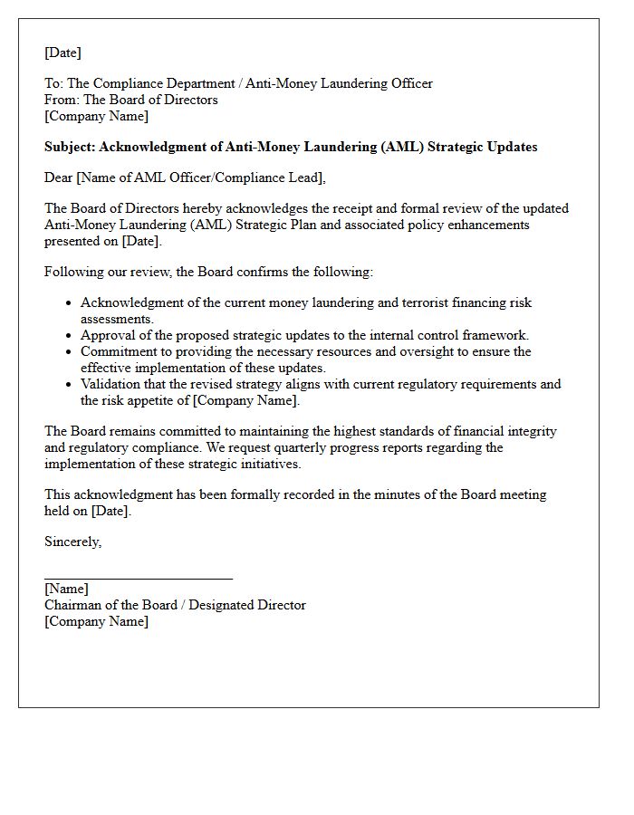 Board of Directors Acknowledgment Letter on Anti-Money Laundering Strategic Updates