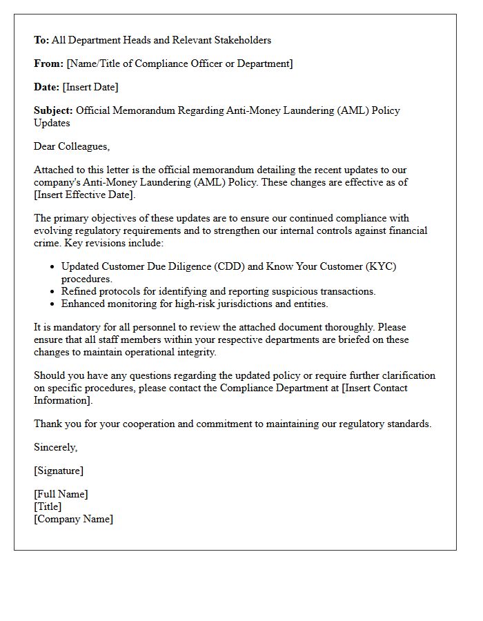 Cover Letter for the Official Memorandum on Anti-Money Laundering Policy Updates