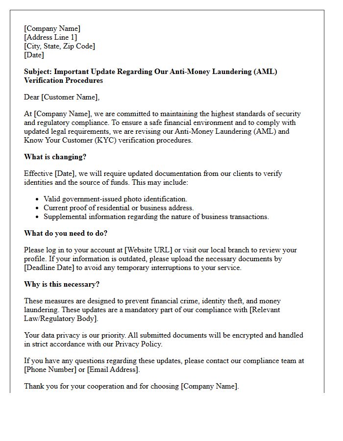 Customer Advisory Letter on Updated Anti-Money Laundering Verification Procedures