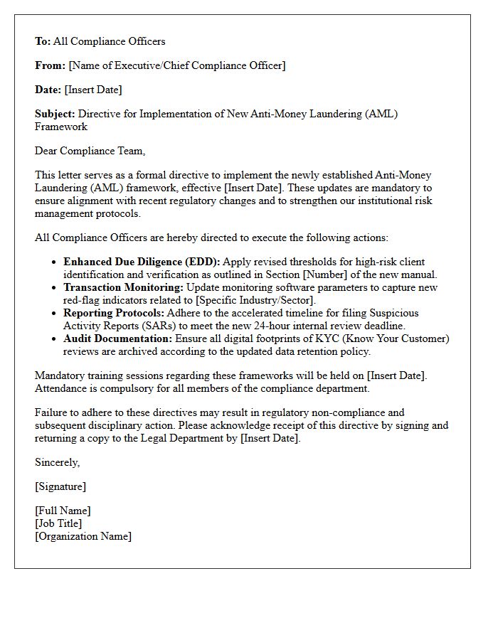 Directives Letter for Compliance Officers on New Anti-Money Laundering Frameworks