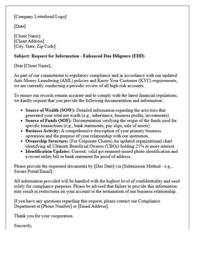 Enhanced Due Diligence Letter for High-Risk Clients Under Updated Anti-Money Laundering Policies