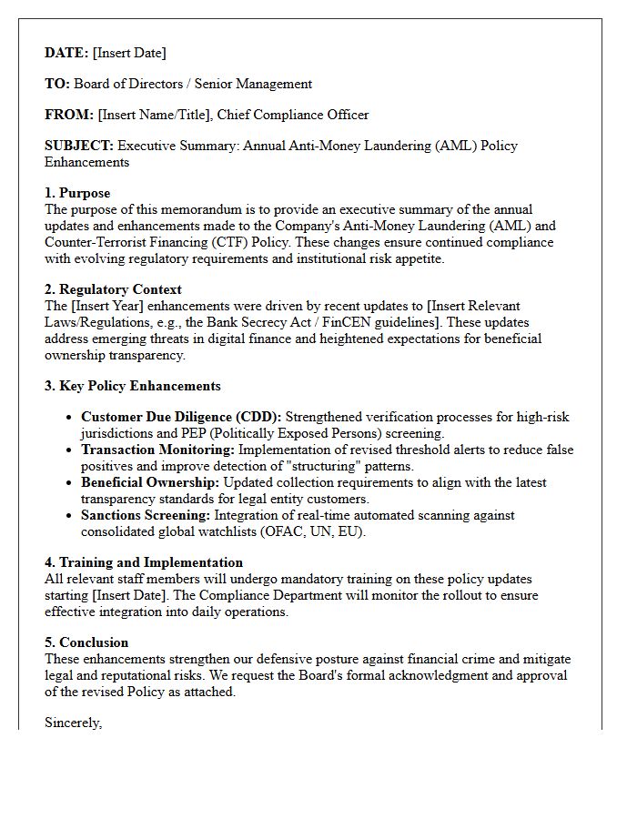 Executive Summary Letter Regarding Annual Anti-Money Laundering Policy Enhancements