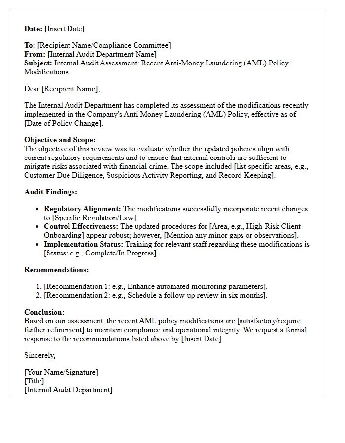 Internal Audit Letter Assessing Recent Anti-Money Laundering Policy Modifications