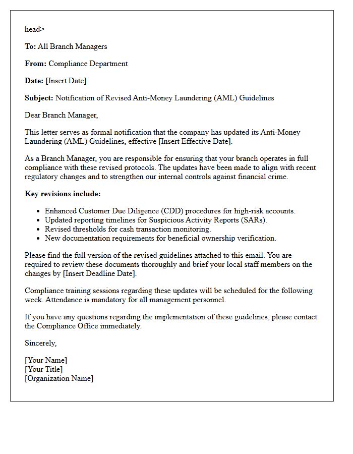 Letter of Notification on Revised Anti-Money Laundering Guidelines for Branch Managers