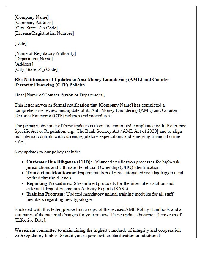 Official Letter to Regulatory Authorities Detailing Anti-Money Laundering Policy Updates