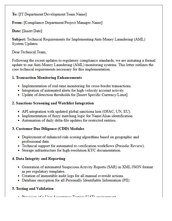 Technical Requirements Letter for Implementing Anti-Money Laundering System Updates