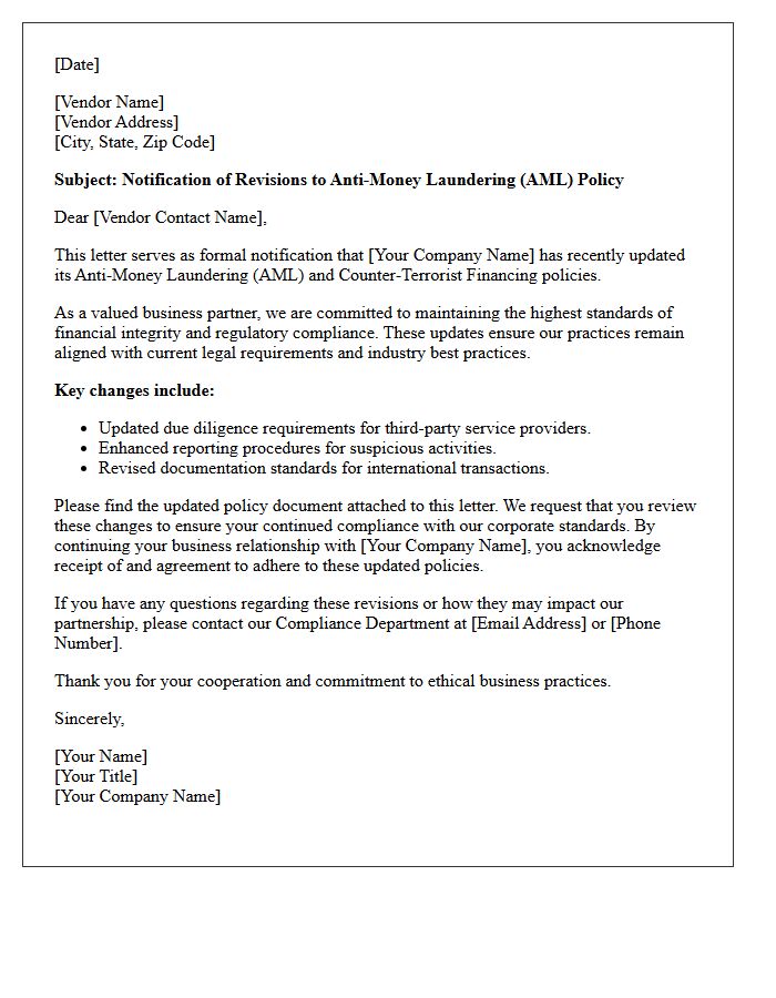 Vendor Notification Letter Concerning Anti-Money Laundering Policy Revisions