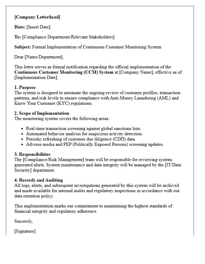 Letter of Implementation for Continuous Customer Monitoring Systems
