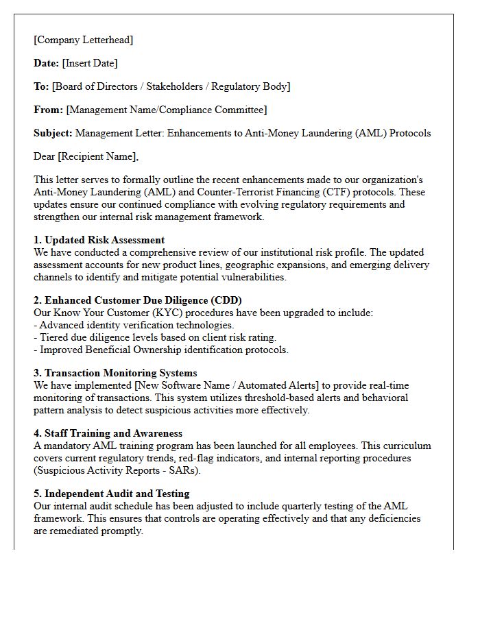 Management Letter Detailing Anti-Money Laundering Protocol Enhancements