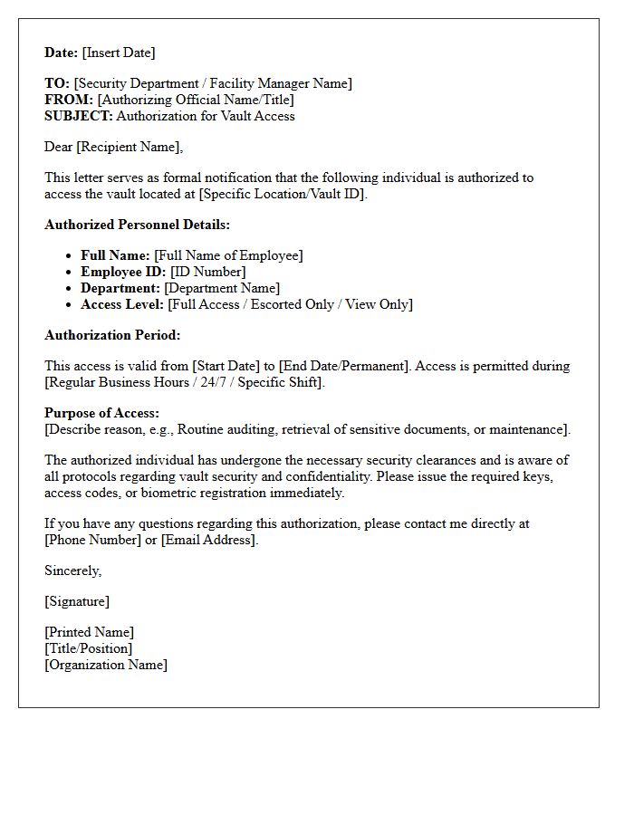 Authorized Personnel Vault Access Letter