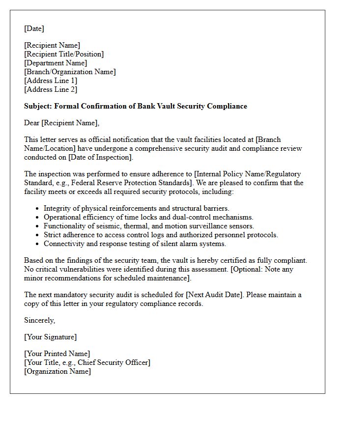 Bank Vault Security Compliance Letter