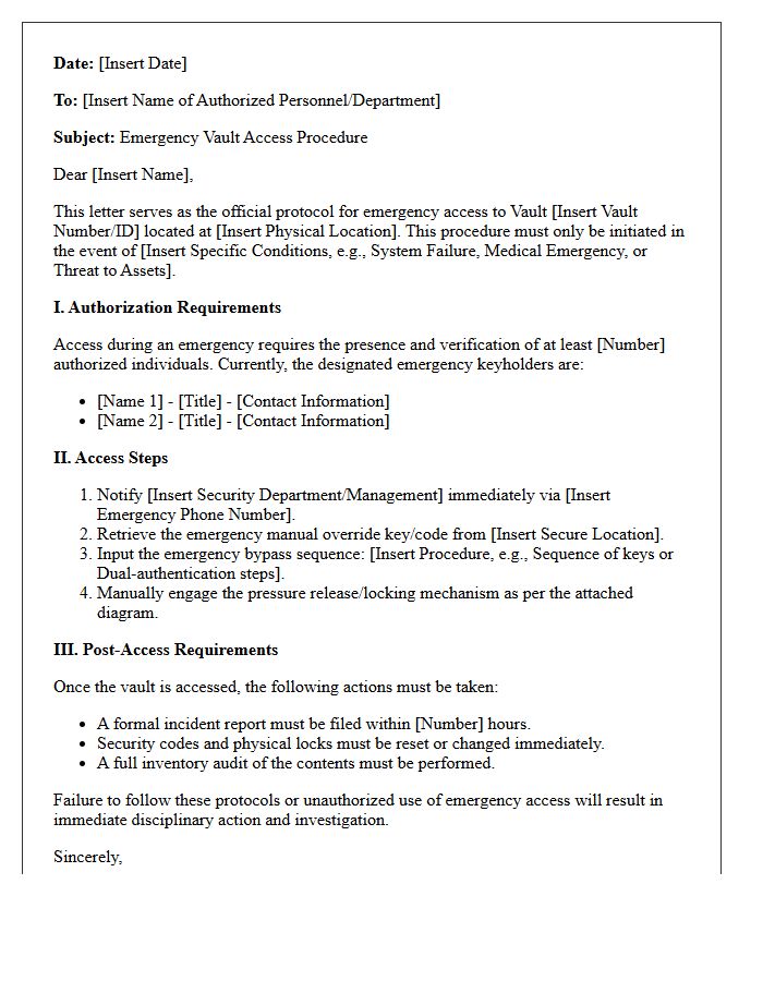 Emergency Vault Access Procedure Letter