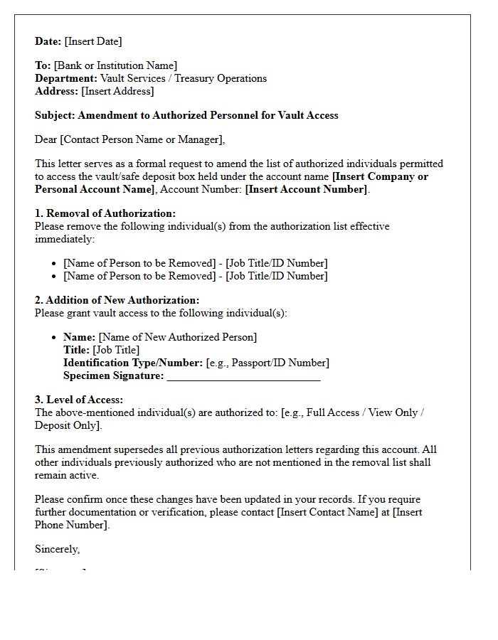 Letter of Amendment to Vault Authorizations