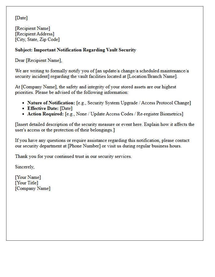 Letter of Notification Regarding Vault Security