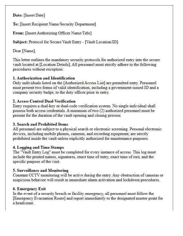 Letter of Protocol for Secure Vault Entry